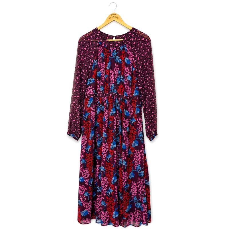 Boden Erica Chiffon Floral Leopard Print Midi Dress UK 14R