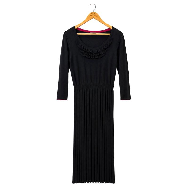 Per Una Black Knitted Ribbed Midi Dress Size 12 Ruffle Neck