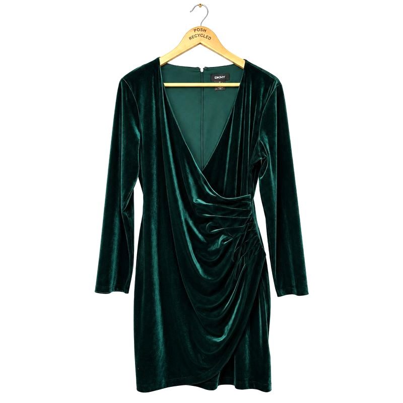 DKNY Emerald Green Velvet Side Ruched Sheath Dress UK 16