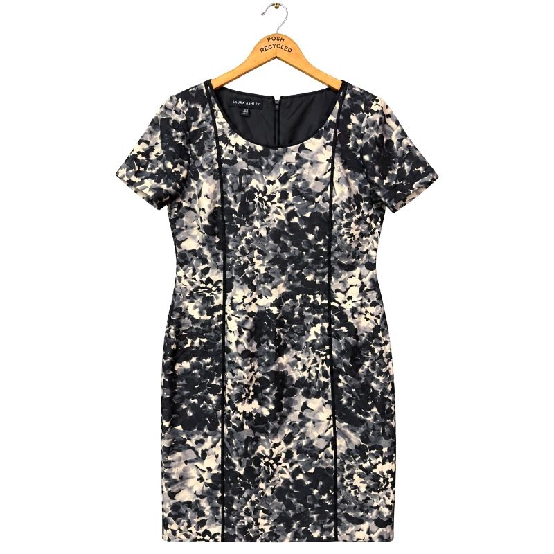 Laura Ashley 100% Silk Floral Dress UK 14 Black Grey